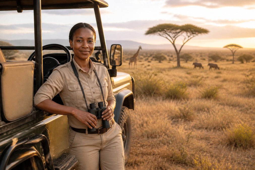Female safari guide standing confidently beside a safari vehicle with binoculars and professional uniform, acacia trees and wildlife visible in the background, golden afternoon light