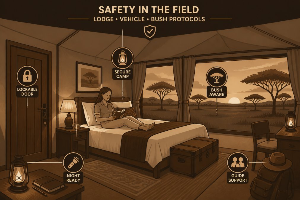 Interior view of a luxury safari tented camp at dusk, showing comfortable furnishings with warm ambient lighting, secure entrance with lockable door, and a solo female traveler relaxing on the bed with a book, acacia trees visible through the canvas windows