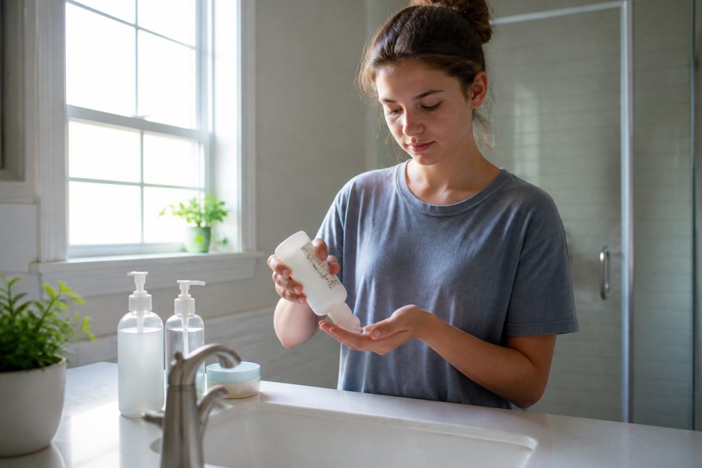 A 13-year-old girl standing at a bathroom sink with morning light streaming through the window, performing a three-step skincare routine, gently cleansing with a facial wash, patting skin dry, and applying moisturizer from a bottle, with skincare products arranged on the counter nearby