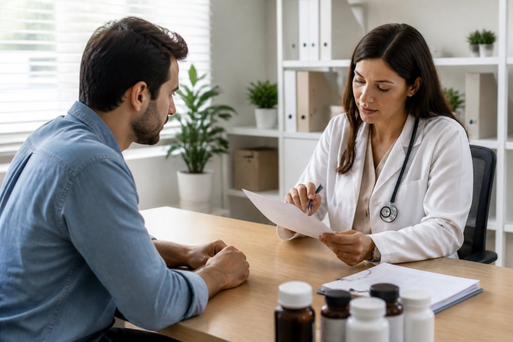 Patient and doctor sitting across from each other at clinical desk reviewing documents and discussing supplements together, natural office lighting, professional clinical setting