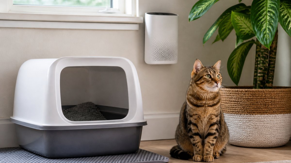 Infographic showing litter box placement for ventilation alongside safe air fresheners for cats to control odor.