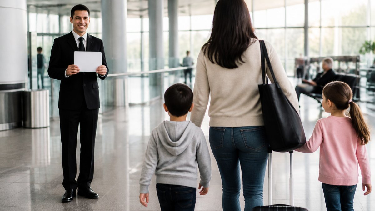 A chauffeur in a dark uniform holding a name sign in an airport arrivals hall, smiling as a parent with two young children approaches with luggage