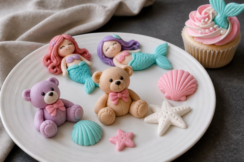 A close-up of colourful handmade sugar paste cake toppers shaped like mermaids, teddies and sea shells arranged on a white plate, with a decorated cupcake in the background