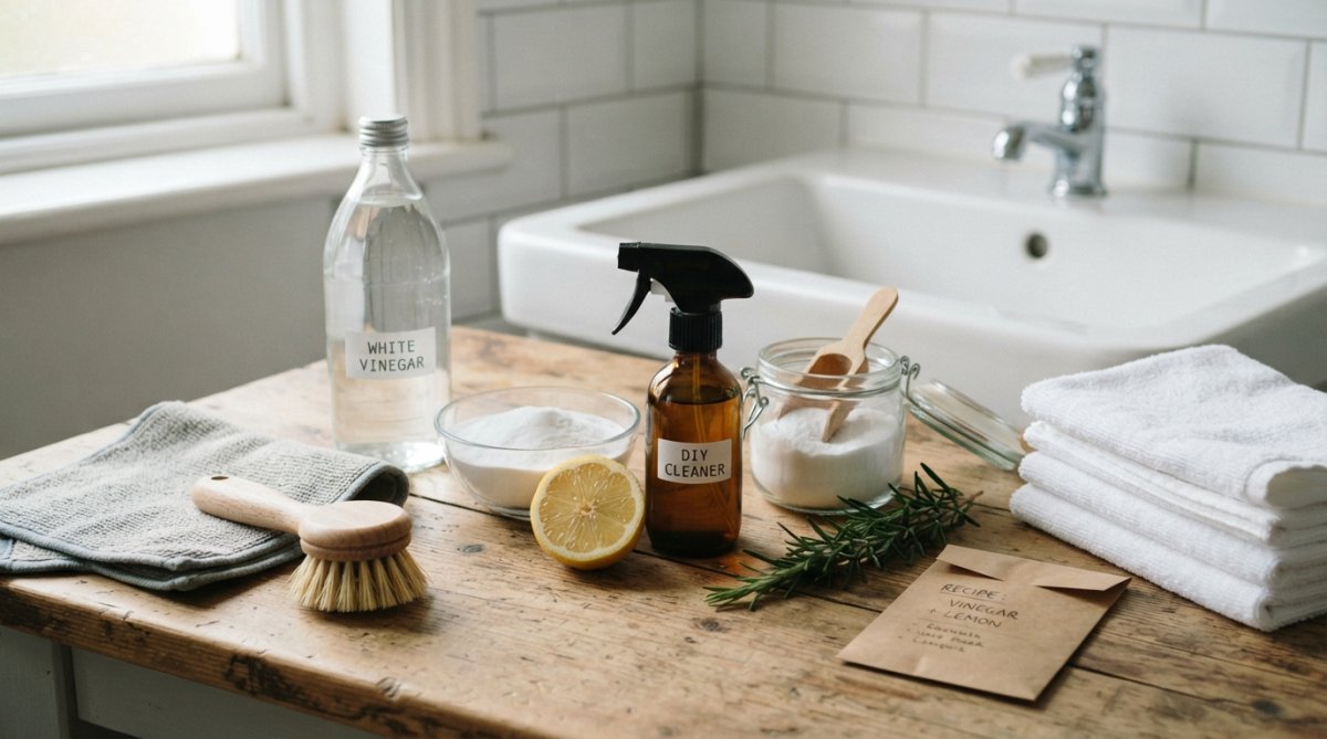 Close-up of bathroom cleaning ingredients arranged on a white surface: white vinegar bottle, baking soda box, lemon halves, spray bottle, and cleaning cloth