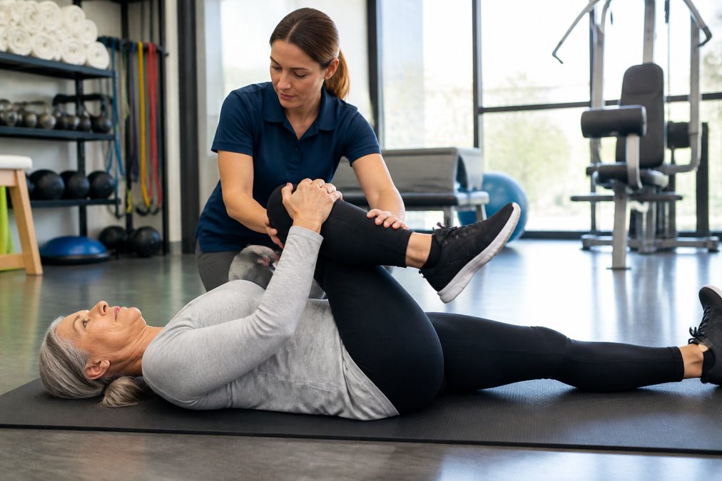 Physical therapist guiding patient through controlled stretching and strengthening exercise in bright, modern clinical wellness setting with exercise equipment visible