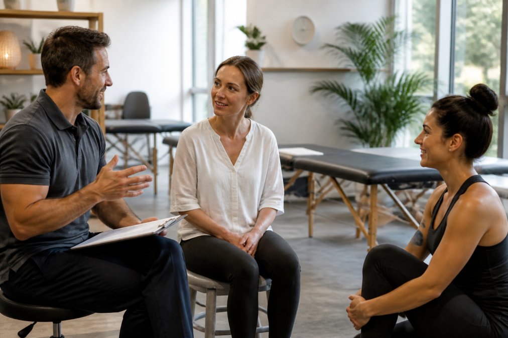 Diverse healthcare team including chiropractor, massage therapist, and yoga instructor collaborating during patient consultation in modern wellness clinic with natural light and treatment tables