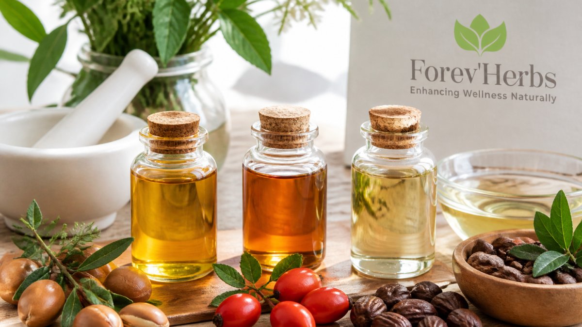 Close-up of glass bottles containing golden, amber, and clear plant oils like argan, rosehip, and jojoba displayed on a natural wooden surface with fresh botanical ingredients nearby in natural daylight