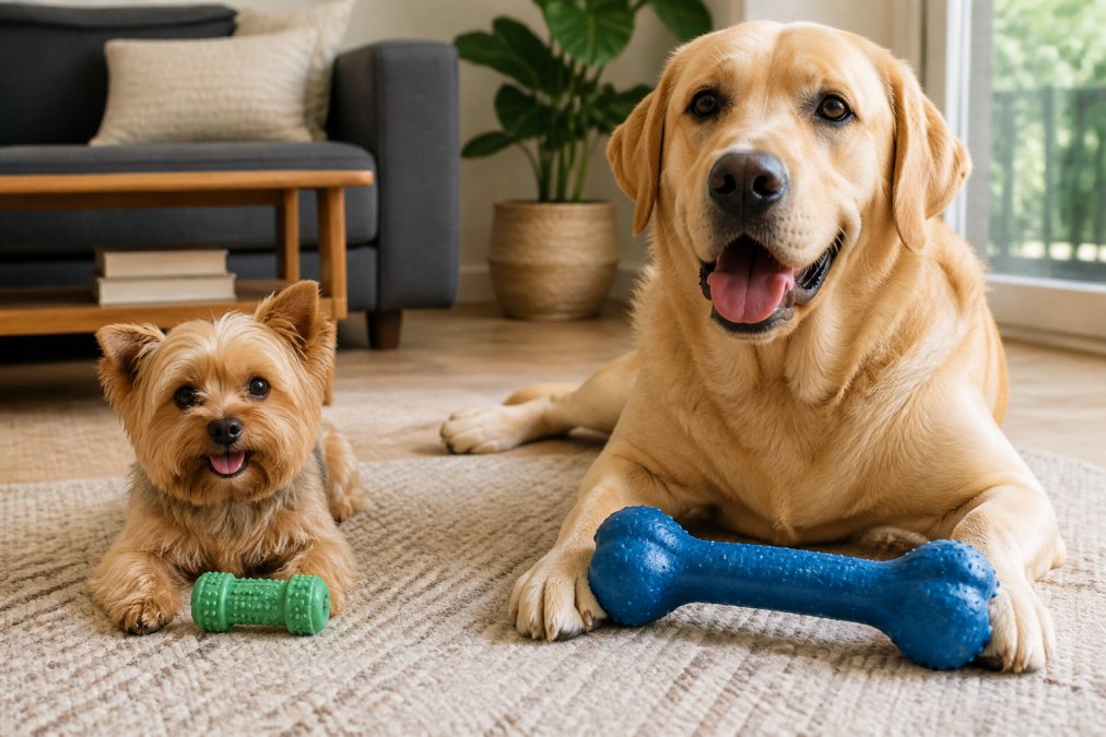 Small and large dog breeds with durable toys as safe alternatives to rawhide for dogs in a bright living room.