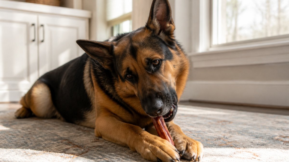 A powerful German Shepherd actively engaged in chewing a bully stick, showing focused jaw movement and satisfaction, with natural sunlight streaming through a window in the background