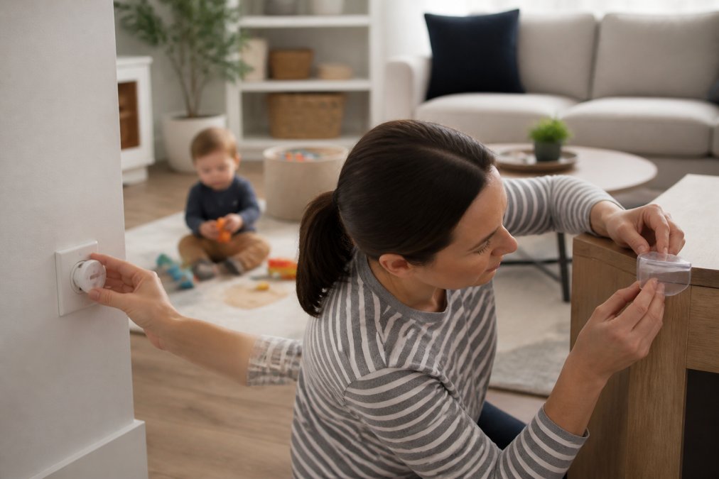 Parent installing corner guards and outlet covers in a bright living room while a toddler plays safely in the background with toys