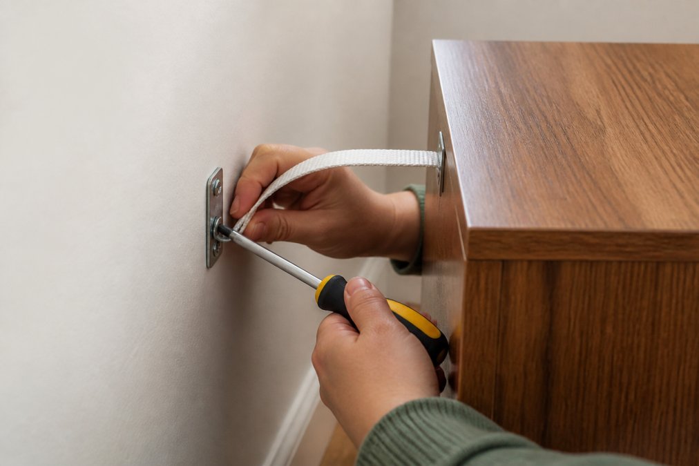 Close-up of hands fastening anti-tip straps to secure a chest of drawers to the wall, showing the bracket and screw installation