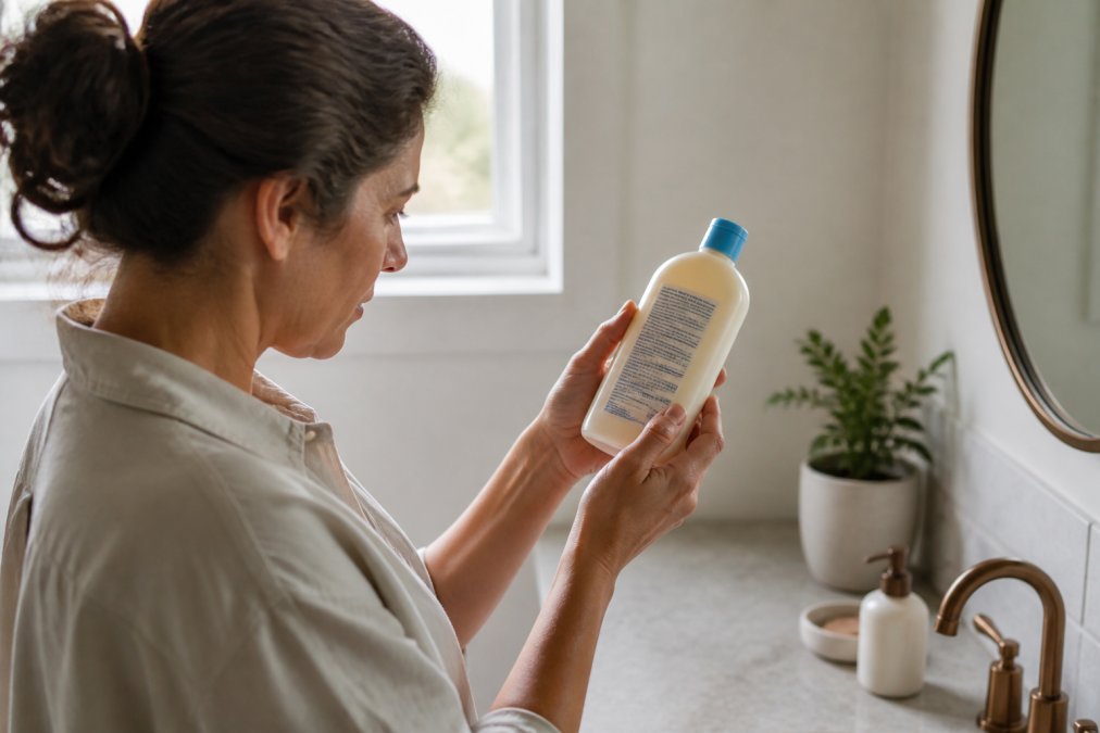 A parent holding a bottle of children's bath product up to the light in a bright bathroom, carefully examining the ingredient list on the back label