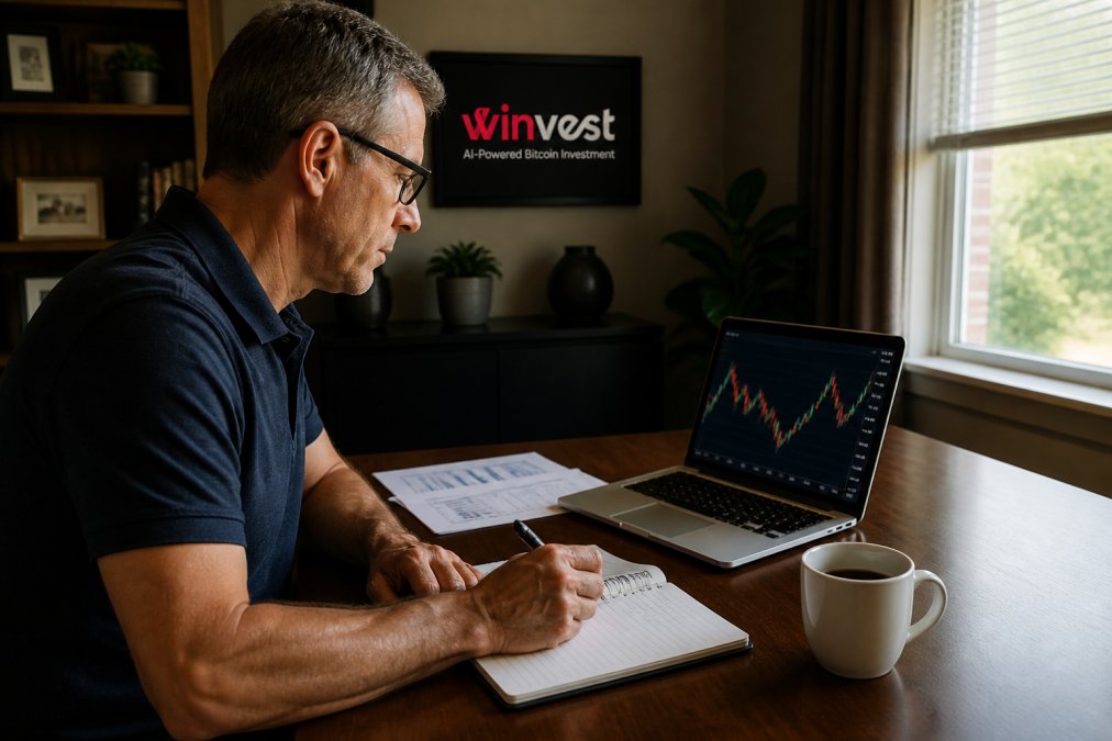 Middle-aged professional reviewing Bitcoin charts on a laptop for safe bitcoin investment for retirement