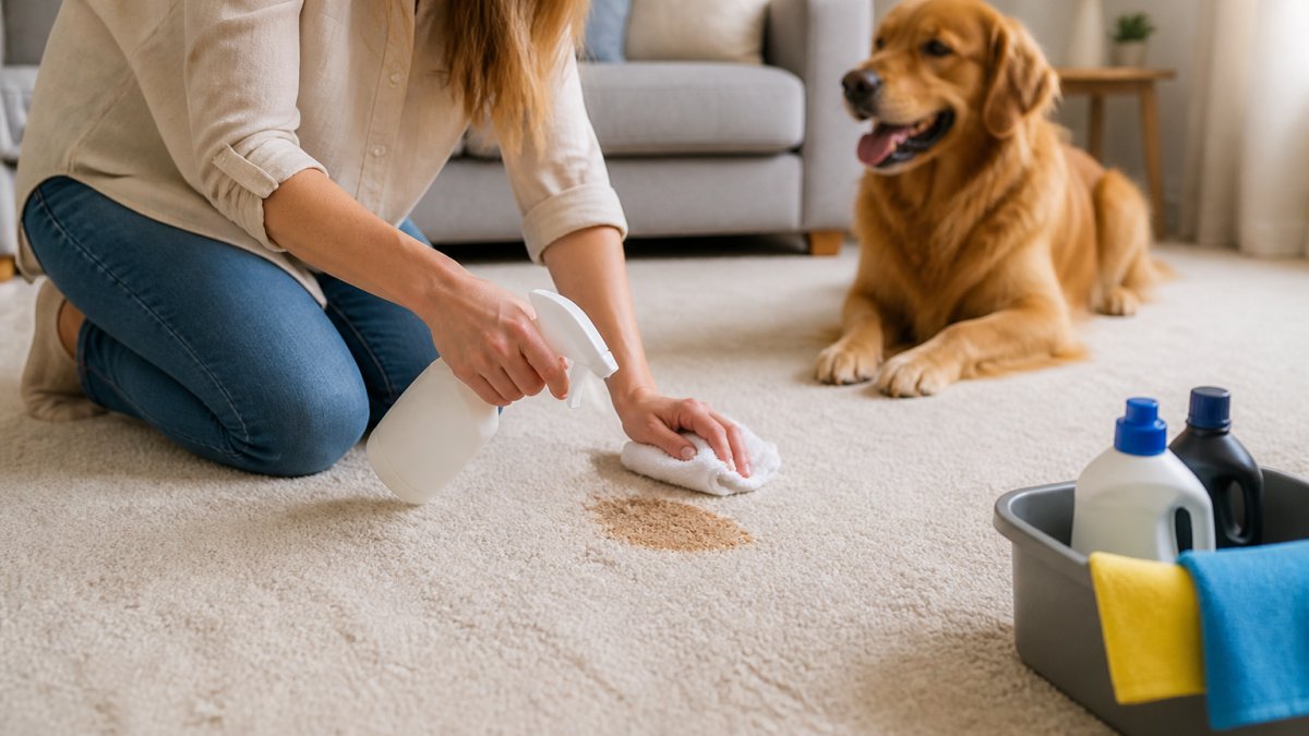 Pet owner treating a fresh carpet stain with an enzyme-based cleaner spray bottle and cloth on light-coloured carpet in bright home setting