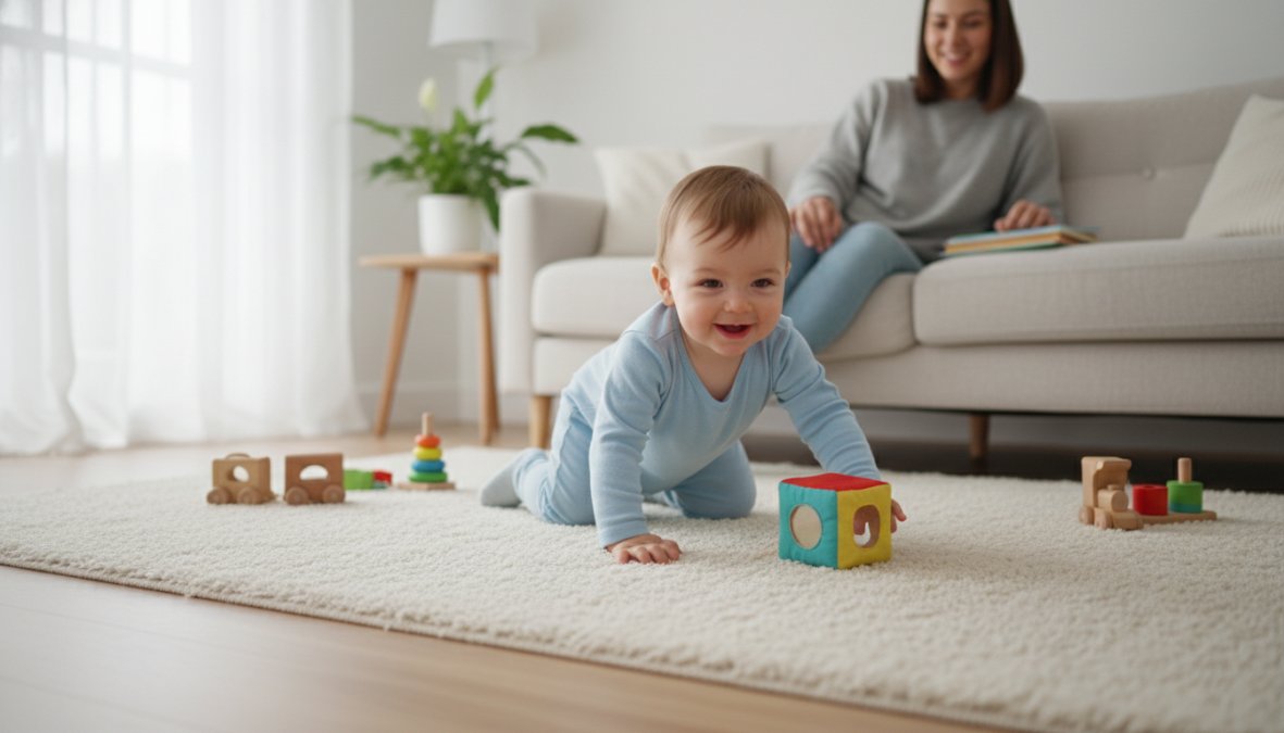 A toddler in a white onesie crawling across a light-colored plush carpet in a bright living room, sunlight streaming through a large window, while a parent sits nearby on a couch watching attentively