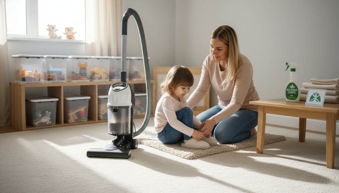 A parent in casual clothing running a HEPA vacuum over a freshly cleaned beige carpet in a bright living room, while a young child plays safely on a hardwood floor in the background, afternoon light coming through an open window
