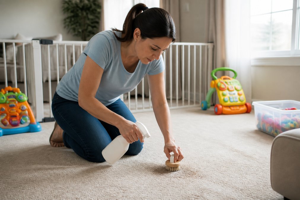 A parent kneeling on a light-colored carpet, using a spray bottle and a soft brush to spot-clean a stain, with a baby gate and colorful toys visible in the background, bright natural daylight coming from a nearby window