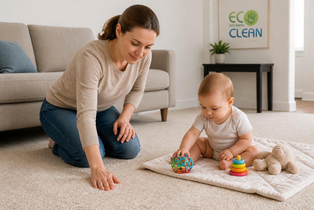Parent checking carpet dampness to ensure safe carpet cleaning for newborn babies before playtime