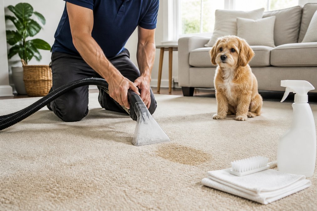 Pet owner using a handheld extraction tool for safe carpet cleaning for pet owners on a stained beige carpet