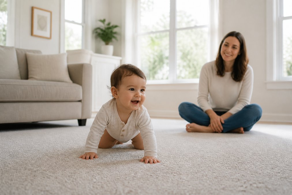 A toddler crawling on freshly cleaned carpet in a bright living room with natural sunlight streaming through windows, while a parent watches nearby