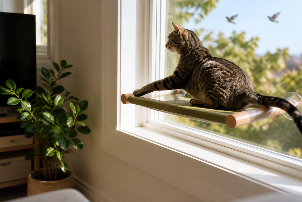 A tabby cat perched on a wall-mounted fabric hammock near a sunny window, stretching and looking outside at birds, with soft natural daylight illuminating the cozy apartment interior
