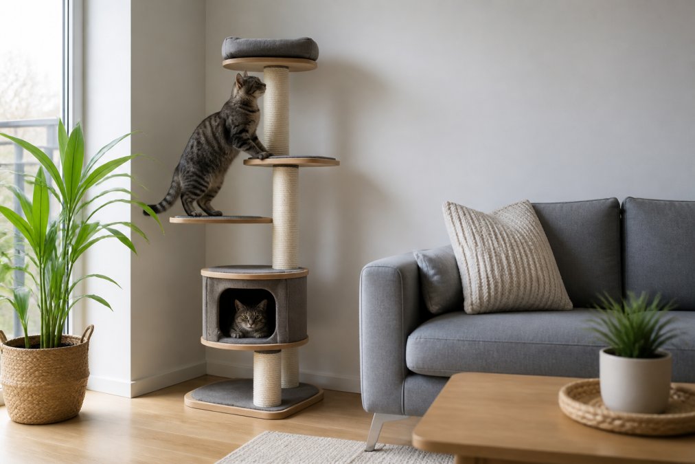 A compact modern cat tree with sisal scratching posts positioned in the corner of a minimalist apartment living room, with a gray tabby cat climbing on one of its platforms while another cat rests in an enclosed hideaway