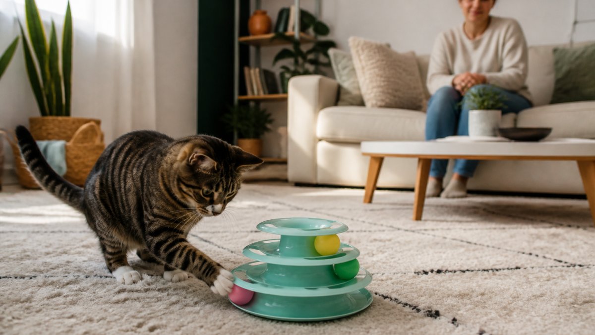 An indoor cat batting at a weighted track tower toy on a living room floor while the owner watches from a sofa in the background