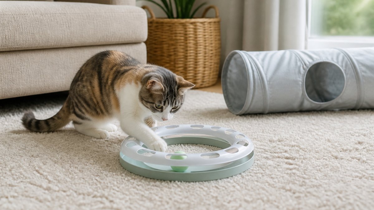 Infographic showing safe cat toys for unsupervised play like ball tracks and tunnels in a living room.
