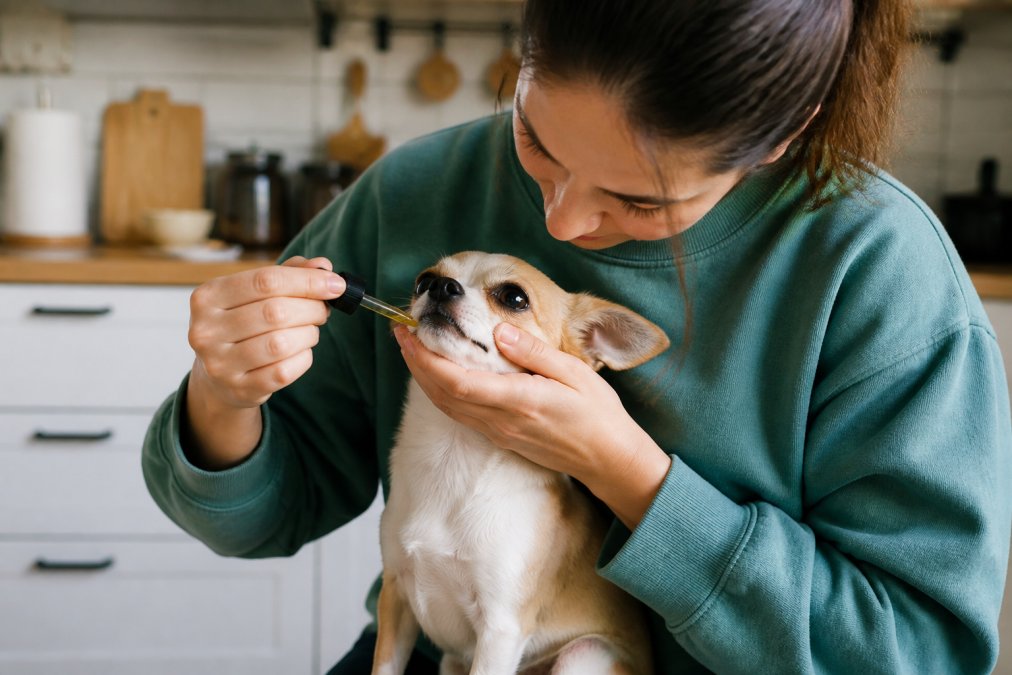 Person gently administering a safe cbd dosage for dogs by applying oil along the gum line in a bright kitchen