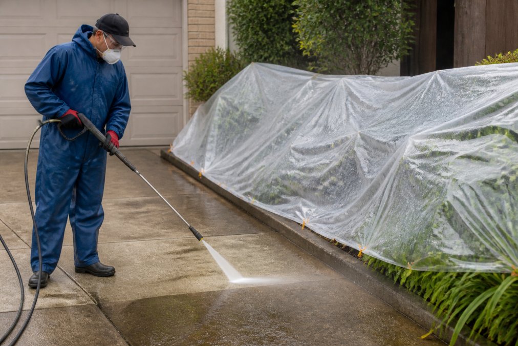 A person in protective gear carefully pressure washing a concrete driveway, with garden beds covered by plastic sheeting and plants shielded from overspray