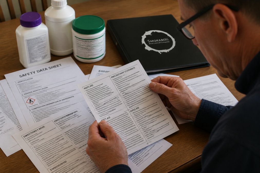 Close-up of pesticide product labels and safety data sheets spread on a table with a homeowner carefully reading label instructions and precautions