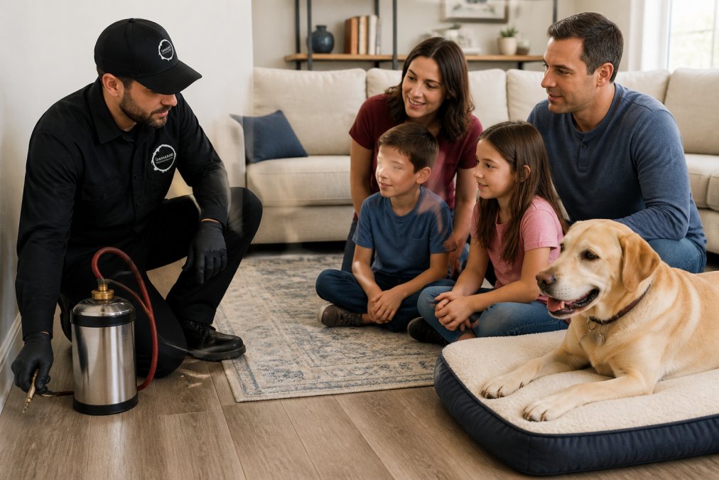 Family with children and a pet dog in a living room while a pest control technician demonstrates safe application techniques, keeping treatments away from play areas and pet bedding