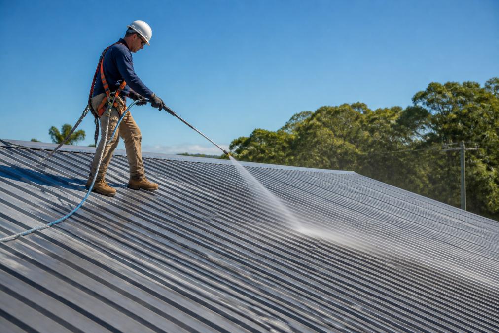 Professional technician wearing full safety harness, hard hat, and gloves applying cleaning solution to a pitched Colorbond roof panel with a low-pressure spray wand in bright daylight