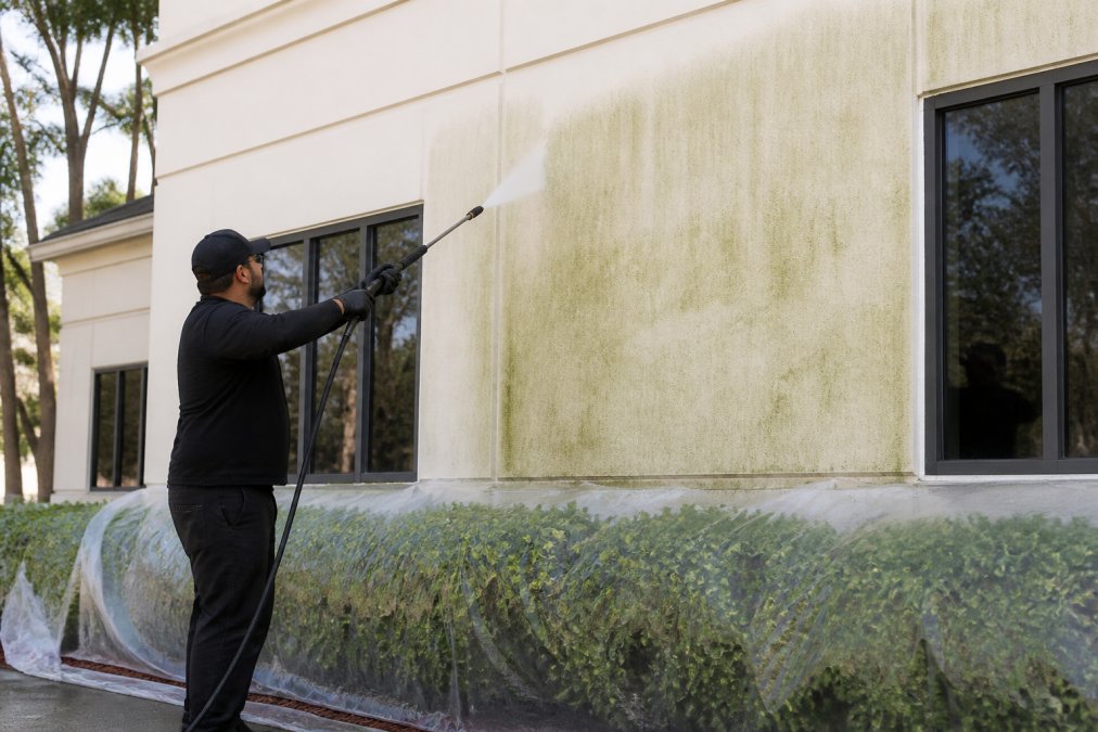 A professional cleaner using a low-pressure soft wash system on a commercial building's stucco facade, with visible green algae being gently rinsed away, surrounded by landscaping protected with plastic sheeting