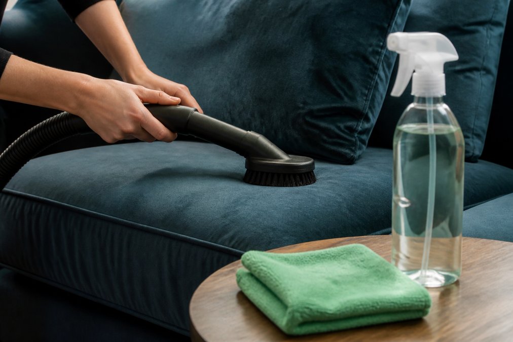 A close-up of hands using a soft-bristled brush attachment on a velvet sofa cushion, with a spray bottle of cleaning solution and microfiber cloth nearby on a coffee table