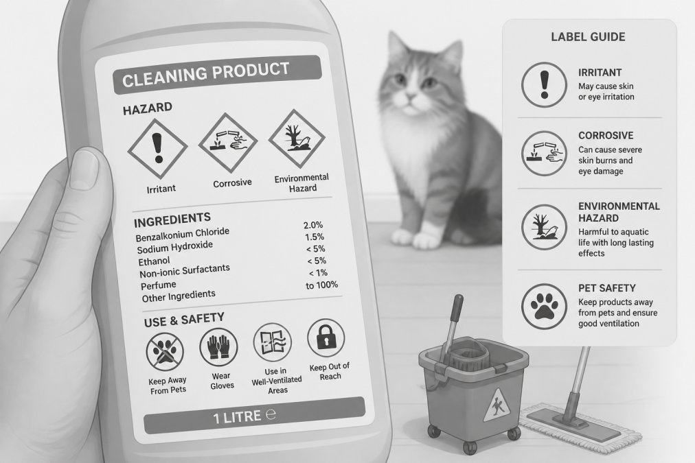 Professional illustration showing safe cleaning products pets