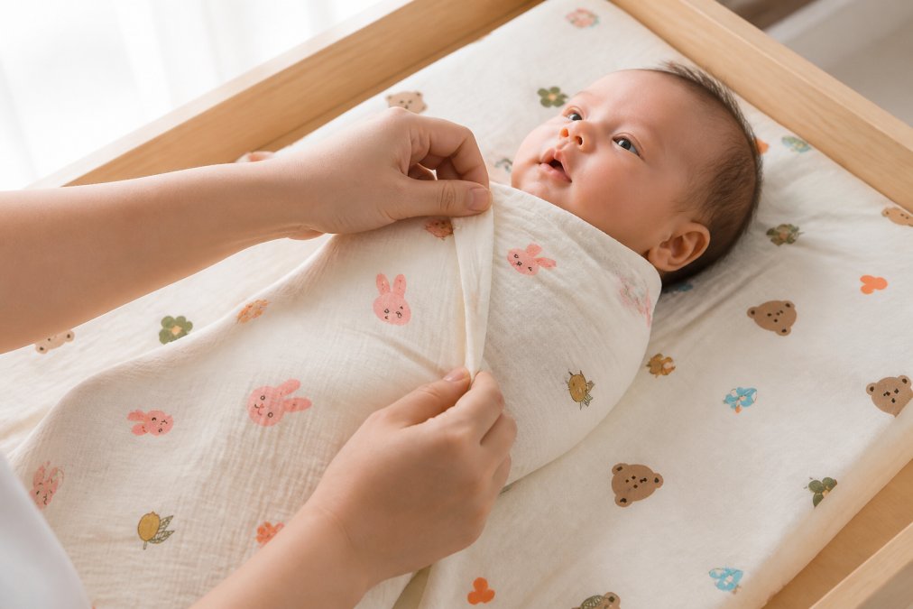 Close-up of a parent gently dressing a baby in a soft white organic cotton muslin swaddle on a light wooden changing table, warm natural window light streaming in from the left