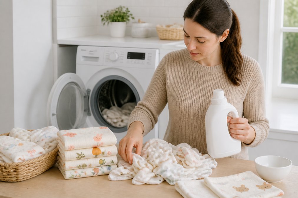 A parent sorting small baby clothes next to a front-load washing machine, holding a fragrance-free detergent bottle, bright white laundry room with natural light from a side window