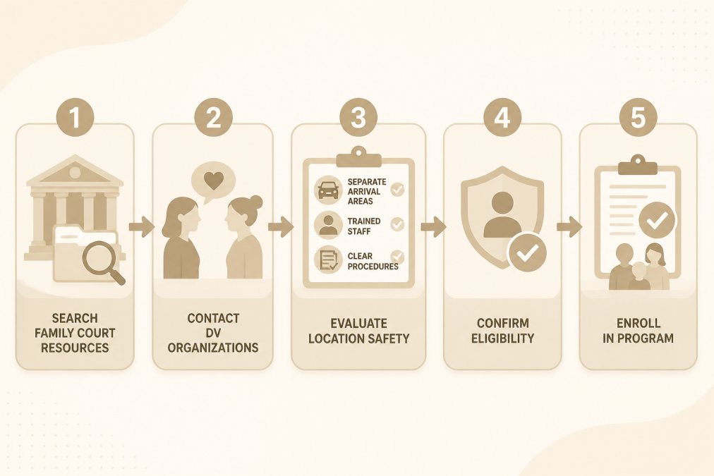 Flowchart showing decision path: Search family court resources → Contact DV organizations → Evaluate location safety (separate arrival areas, trained staff, clear procedures) → Confirm eligibility → Enroll in program