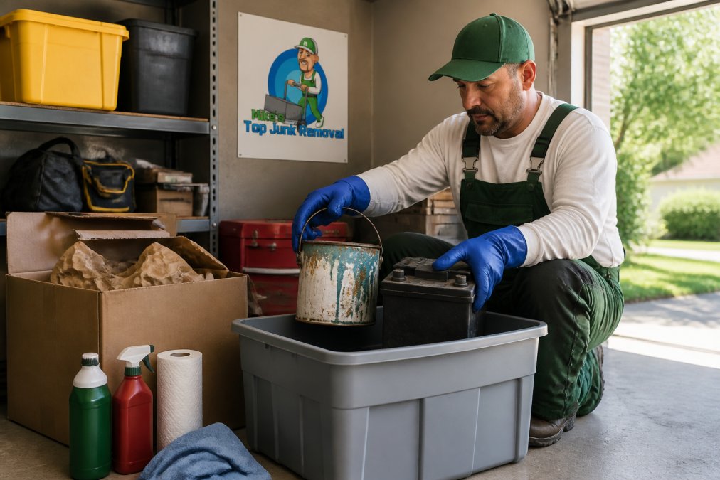 Renter wearing work gloves placing paint cans and a car battery into a plastic bin in a garage