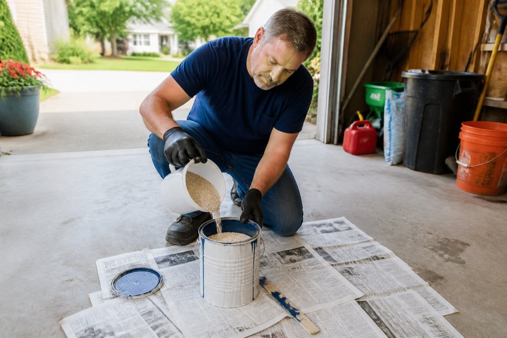 A homeowner in a garage adding kitty litter to an open can of old paint, with a stir stick and newspaper on the floor, natural daylight through an open garage door