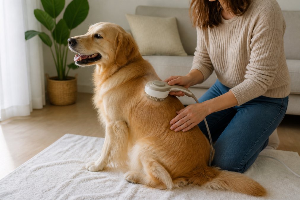 A calm golden retriever sitting on a towel in a bright living room while a person gently brushes its back with a modern handheld steam brush, soft natural window light