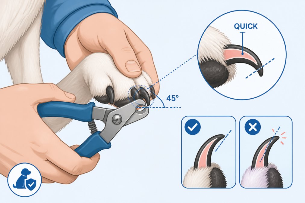 Dog owner's hands holding a dog's paw steady during nail trimming, showing proper grip with nail clippers positioned at the correct angle, natural daylight illuminating the nail detail