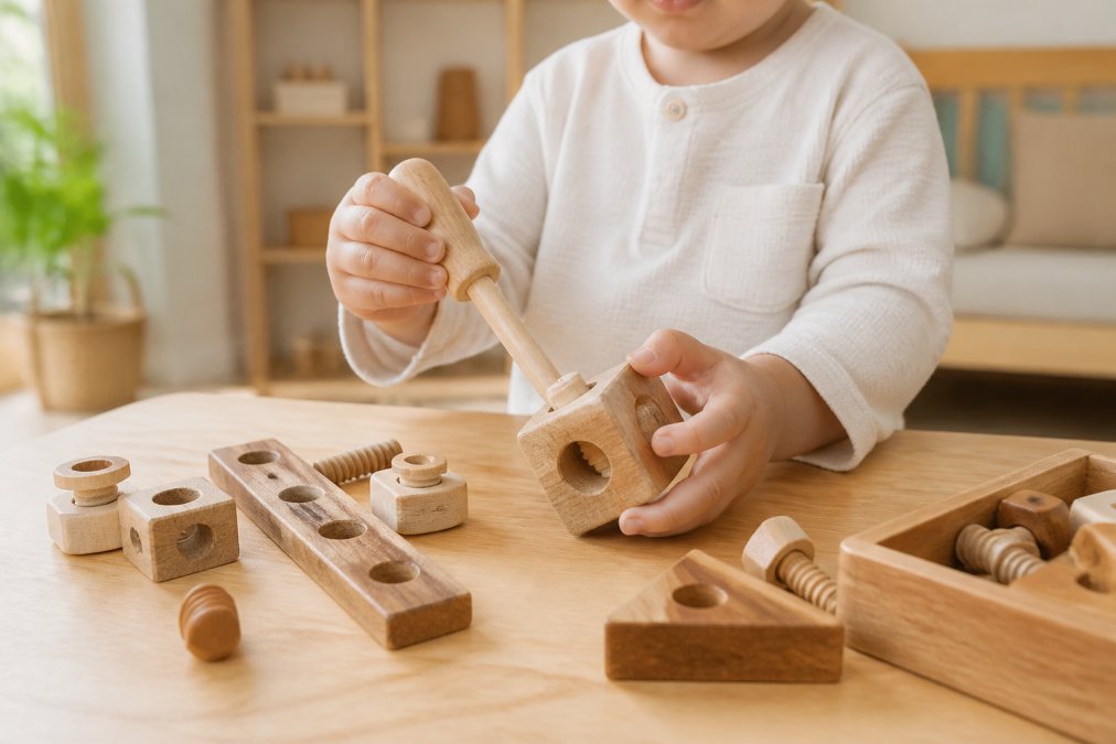 A toddler's hands gripping a smooth wooden block and a small wooden screwdriver from a playset, resting on a natural wood table in a bright minimalist nursery with soft daylight