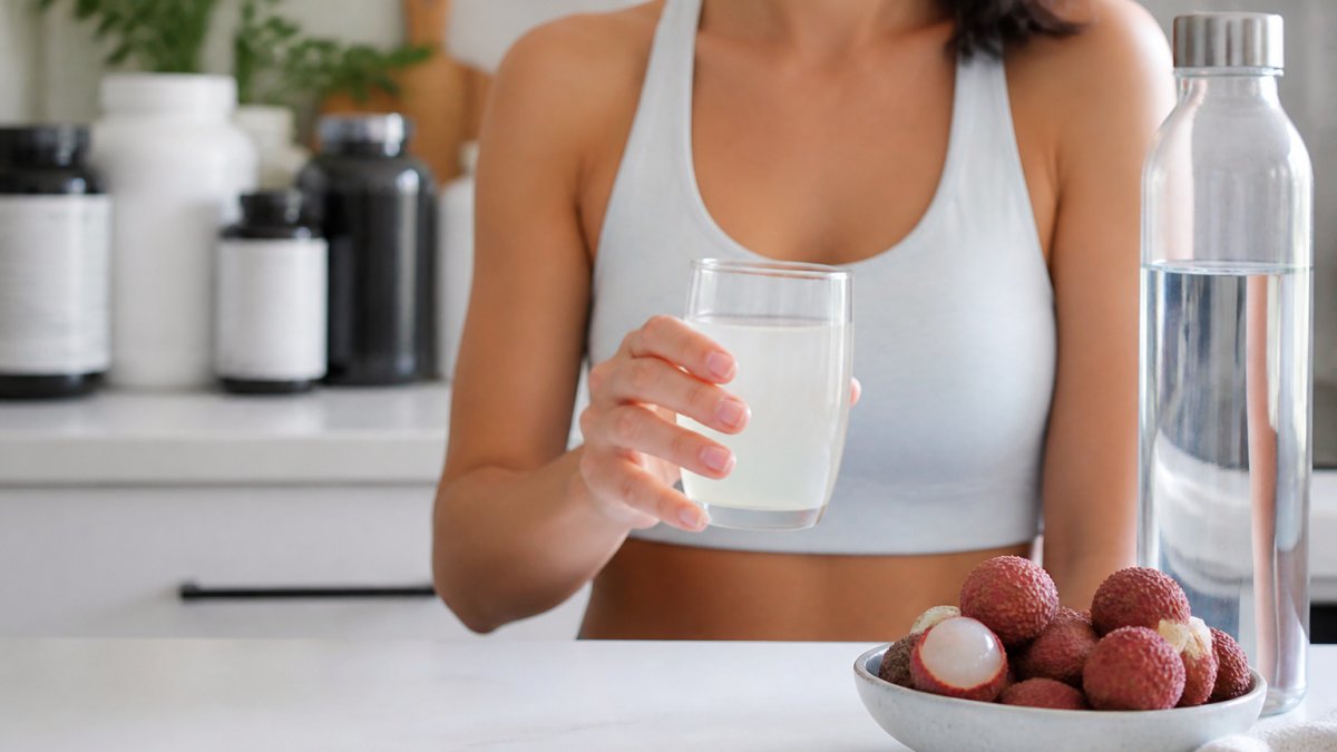 Person holding a glass of electrolyte drink with fresh lychee fruit and water bottle on a bright kitchen counter, with supplement containers visible in the background