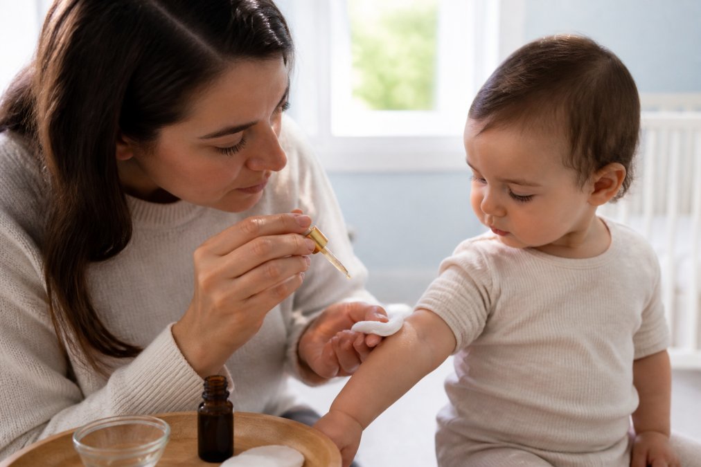 A parent gently applying a small drop of diluted oil from a dropper bottle onto a cotton ball to perform a patch test on a baby's inner arm, soft natural window light in a nursery