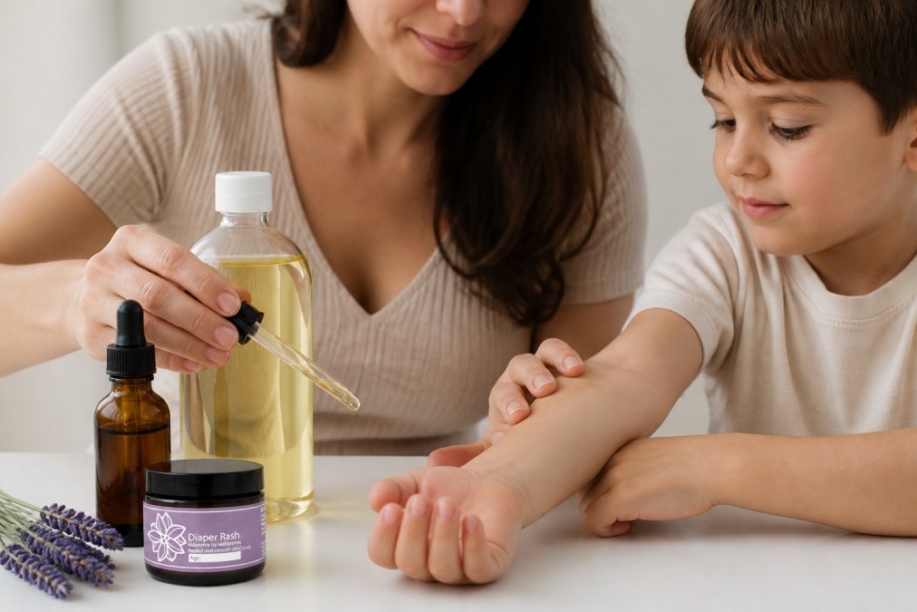 A parent gently applying a small amount of diluted oil from a glass dropper bottle onto a young child's forearm on a clean white surface, with a bottle of fractionated coconut oil and lavender sprigs nearby