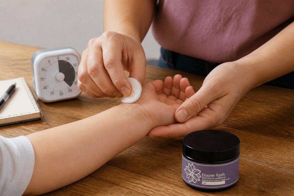 Close-up of a parent applying a small drop of diluted essential oil blend to the inside of a child's wrist using a cotton pad, with a timer and notebook visible on a wooden table in the background