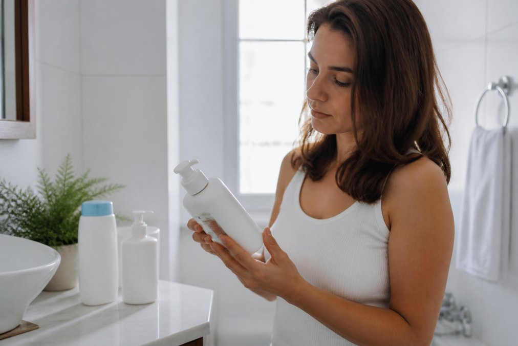 Woman in a bright bathroom reading the label of a fragrance-free feminine care wash bottle