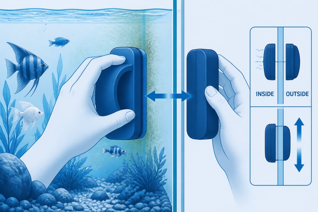 Close-up of hands carefully positioning a magnetic algae scraper against the interior glass wall of an aquarium, with the external magnet aligned on the opposite side, showing smooth controlled movement as fish swim nearby